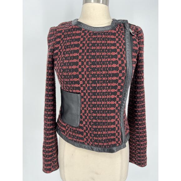 Tracy Reese Anthropologie Motto Zip Tweed Leather Trim Red Black Jacket Blazer 2 - Picture 2 of 16